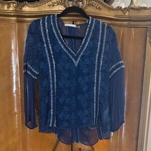 Alice + Olivia Navy Floral Embroidered Semi-Sheer Boho Top